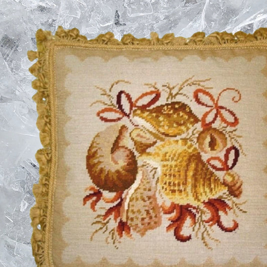 Handmade Wool Needlepoint Pillow Cover - Decorative Throw Cushion Cover - Vintage Floral Embroidery Design All shell with bowtie, dark bage tassels