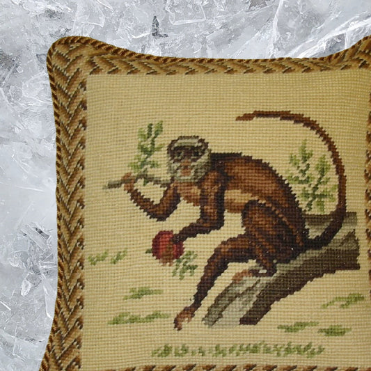 Handmade Wool Needlepoint Pillow Cover - Decorative Throw Cushion Cover - Vintage Floral Embroidery Design monkey carry leaves with cording
