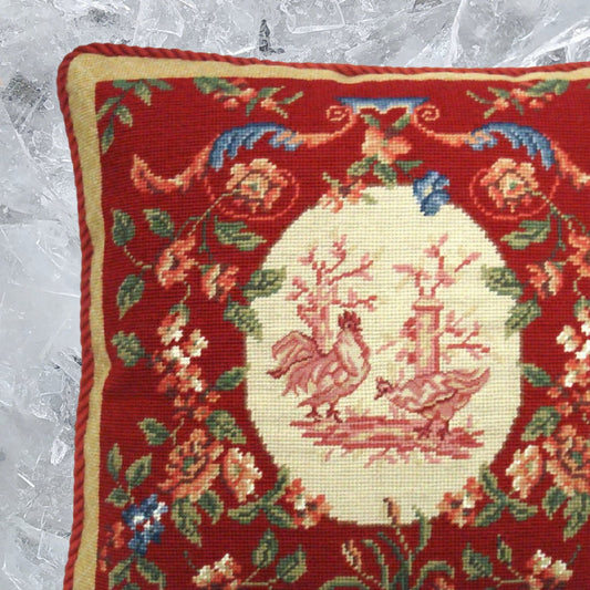 Handmade Wool Needlepoint Pillow Cover - Decorative Throw Cushion Cover - Vintage Floral Embroidery Design chickens floral with red cording