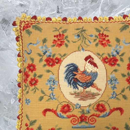 Handmade Wool Needlepoint Pillow Cover - Decorative Throw Cushion Cover - Vintage Floral Embroidery Design chicken floral with tassels 1