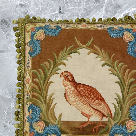 Handmade Wool Needlepoint Pillow Cover - Decorative Throw Cushion Cover - Vintage Floral Embroidery Design  Old World gallinaceous game bird -partridge looking forward with tassels2