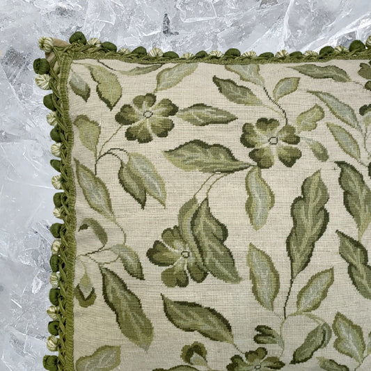 Handmade Wool Needlepoint Pillow Cover - Decorative Throw Cushion Cover - Vintage Floral Embroidery Design green leaves with tassel