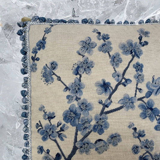 Handmade Wool Needlepoint Pillow Cover - Decorative Throw Cushion Cover - Vintage Floral Embroidery Design  blue blooming plums with tassels