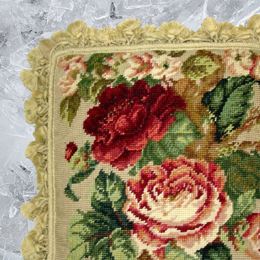 Handmade Wool Needlepoint Pillow Cover - Decorative Throw Cushion Cover - Vintage Floral Embroidery Design dark red cabbage roses green leaves nature tassels