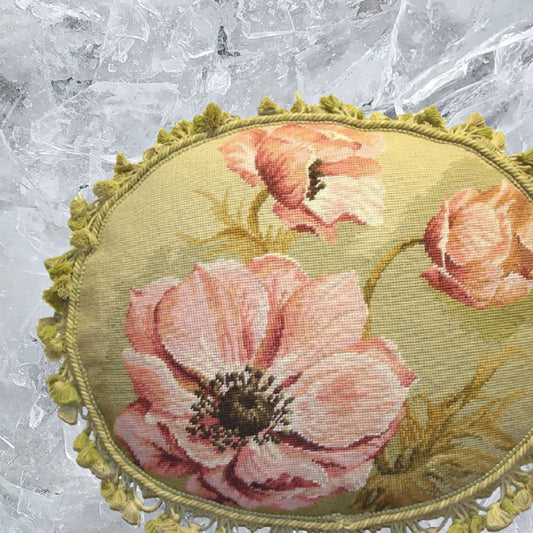 Handmade Wool Needlepoint Pillow Cover - Decorative Throw Cushion Cover - Vintage Floral Embroidery Design Kathryn White designPink Magnolia with 3 color tassels