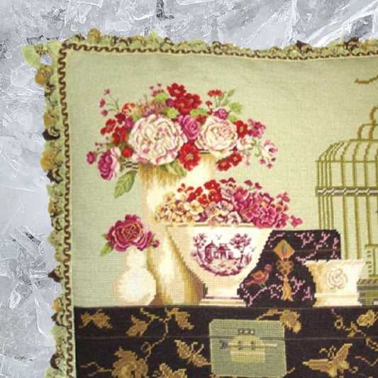 Handmade Wool Needlepoint Pillow Cover - Decorative Throw Cushion Cover - Vintage Floral Embroidery Design  Kathryn White Design I