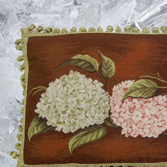 Handmade Wool Needlepoint Pillow Cover - Decorative Throw Cushion Cover - Vintage Floral Embroidery Design  brown background pink & green hydrangea with tassels