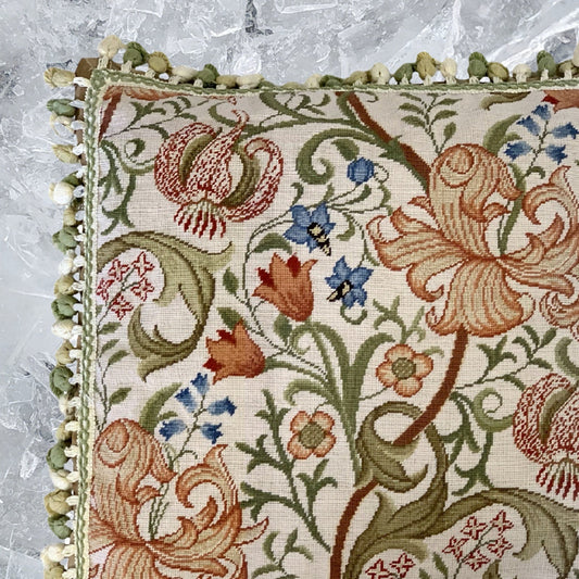 Handmade Wool Needlepoint Pillow Cover - Decorative Throw Cushion Cover - Vintage Floral Embroidery Design  floral in orange pink green blue with tassels A