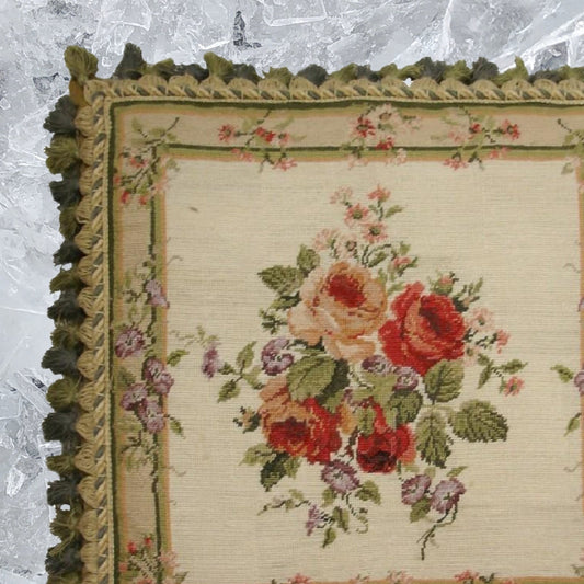Handmade Wool Needlepoint Pillow Cover - Decorative Throw Cushion Cover - Vintage Floral Embroidery Design  center roses small flowers around board 2 color back & tassel
