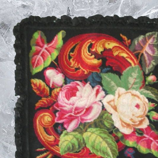 Handmade Wool Needlepoint Pillow Cover - Decorative Throw Cushion Cover - Vintage Floral Embroidery Design floral black background