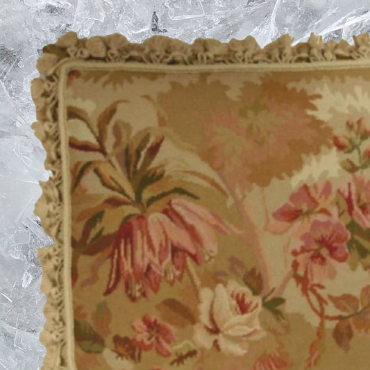 Handmade Wool Needlepoint Pillow Cover - Decorative Throw Cushion Cover - Vintage Floral Embroidery Design  antique looking roses & orchard light & dark beige background with tassels