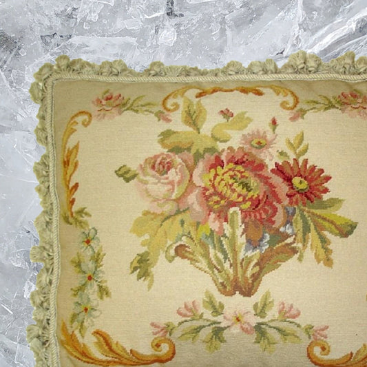 Handmade Wool Needlepoint Pillow Cover - Decorative Throw Cushion Cover - Vintage Floral Embroidery Design VI