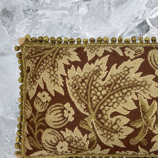 Handmade Wool Needlepoint Pillow Cover - Decorative Throw Cushion Cover - Vintage Floral Embroidery Design olive grape leaves brown background with tassels)