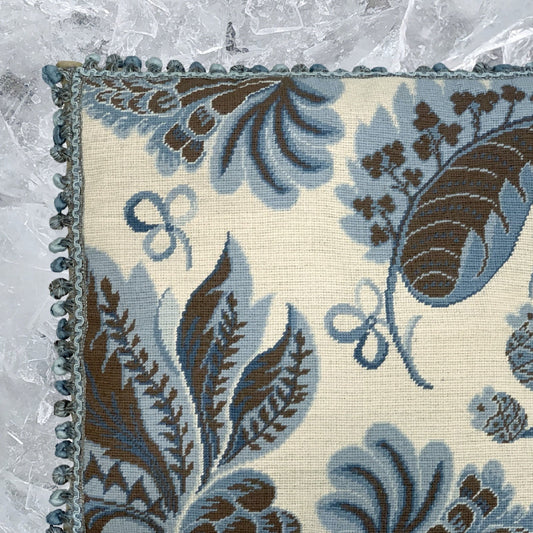 Handmade Wool Needlepoint Pillow Cover - Decorative Throw Cushion Cover - Vintage Floral Embroidery Design blue tropical leaves ivory background with tassels II