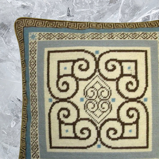 Handmade Wool Needlepoint Pillow Cover - Decorative Throw Cushion Cover - Vintage Floral Embroidery Design blue/brown heartscroll design