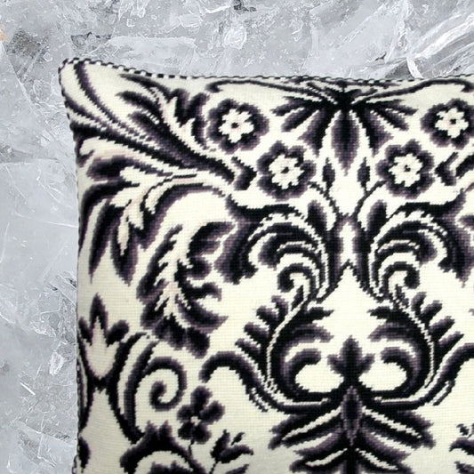 Handmade Wool Needlepoint Pillow Cover - Decorative Throw Cushion Cover - Vintage Floral Embroidery Design b/w floral design with 2 color cording