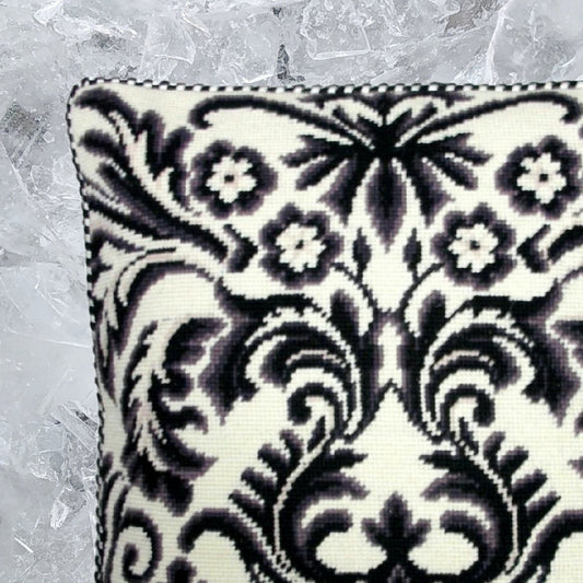 Handmade Wool Needlepoint Pillow Cover - Decorative Throw Cushion Cover - Vintage Floral Embroidery Design b/w floral deisgn with 2 color cording