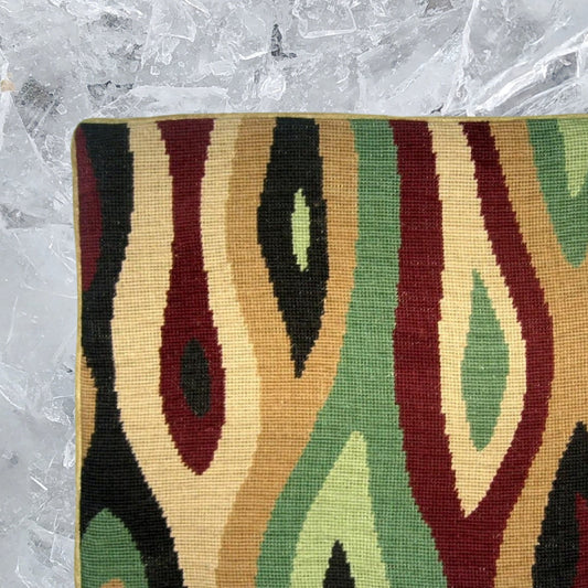 Handmade Wool Needlepoint Pillow Cover - Decorative Throw Cushion Cover - Vintage Floral Embroidery Design geography in red, green, sand on gold background