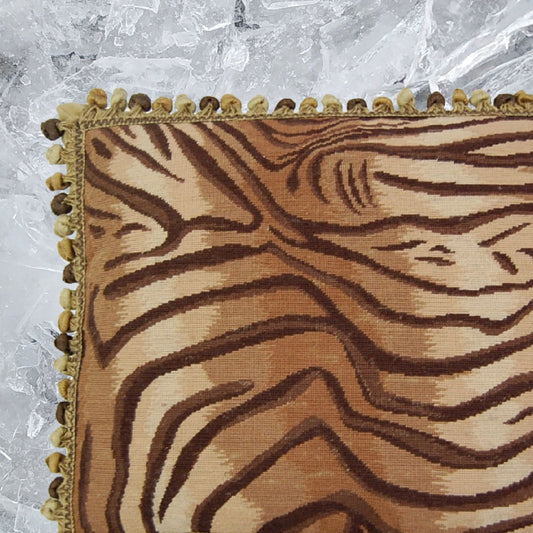 Handmade Wool Needlepoint Pillow Cover - Decorative Throw Cushion Cover - Vintage Floral Embroidery Design  Tiger animal print with 3 color tassel