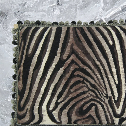 Handmade Wool Needlepoint Pillow Cover - Decorative Throw Cushion Cover - Vintage Floral Embroidery Design  Zabera animal print with 3 color tassel