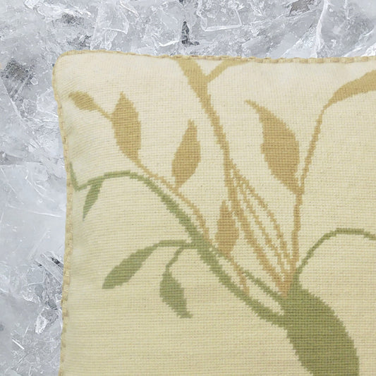 Handmade Wool Needlepoint Pillow Cover - Decorative Throw Cushion Cover - Vintage Floral Embroidery Design green/yellow leaves off-white background with cording