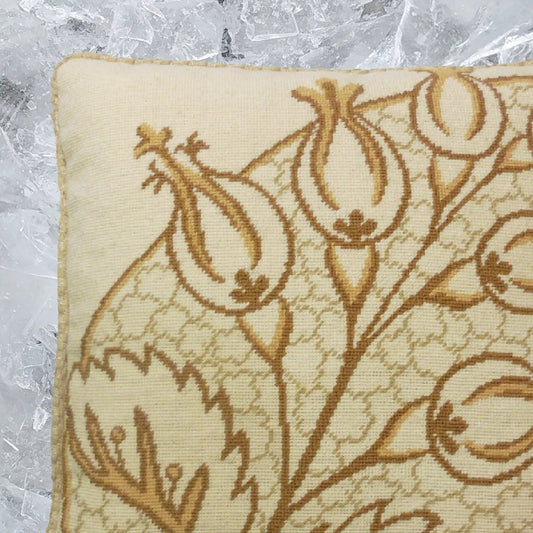 Handmade Wool Needlepoint Pillow Cover - Decorative Throw Cushion Cover - Vintage Floral Embroidery Design brown/yellow big leaves/Flowers checker cording