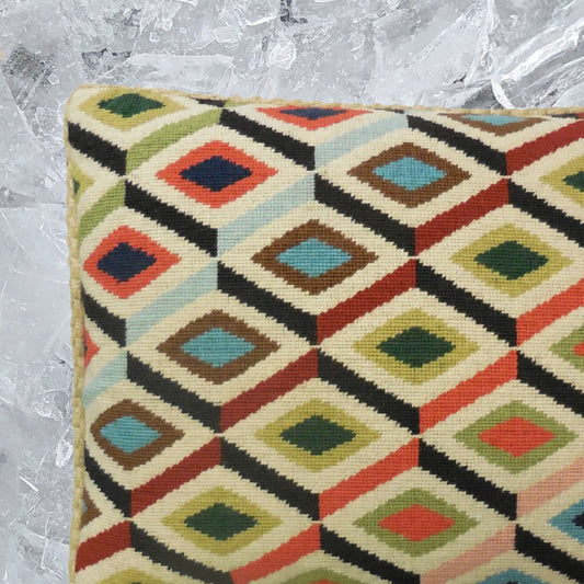 Handmade Wool Needlepoint Pillow Cover - Decorative Throw Cushion Cover - Vintage Floral Embroidery Design Grosspont multi-color 3D squares checker cording