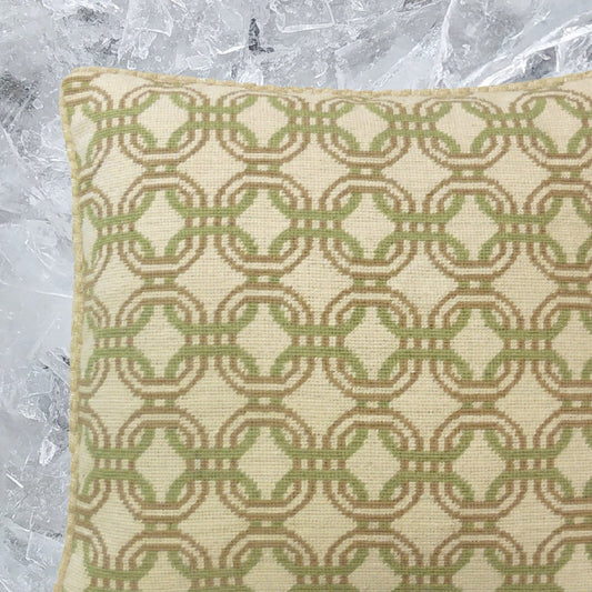 Handmade Wool Needlepoint Pillow Cover - Decorative Throw Cushion Cover - Vintage Floral Embroidery Design chain circle lime green/mustard yellow checker cording