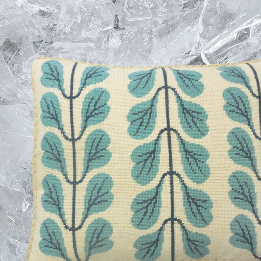 Handmade Wool Needlepoint Pillow Cover - Decorative Throw Cushion Cover - Vintage Floral Embroidery Design 3 lines blue leaves checker cording