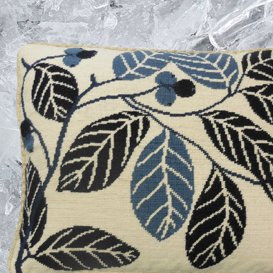 Handmade Wool Needlepoint Pillow Cover - Decorative Throw Cushion Cover - Vintage Floral Embroidery Design blue cherry checker cording