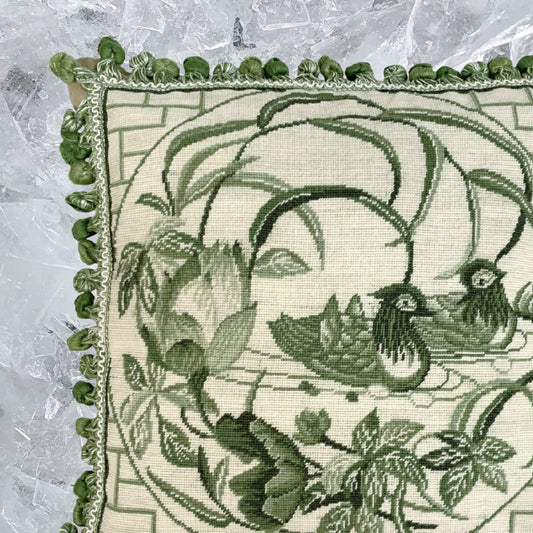 Handmade Wool Needlepoint Pillow Cover - Decorative Throw Cushion Cover - Vintage Floral Embroidery Design  green Manderain Ducks lotus flower with tassels
