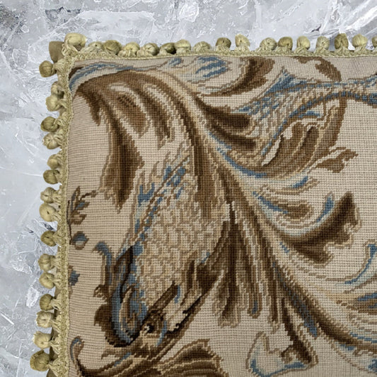 Handmade Wool Needlepoint Pillow Cover - Decorative Throw Cushion Cover - Vintage Floral Embroidery Design blue/brown fish and weeds with tassels