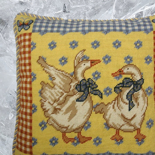 Handmade Wool Needlepoint Pillow Cover - Decorative Throw Cushion Cover - Vintage Floral Embroidery Design gees butterfly on 4 corner blue & yellow cording