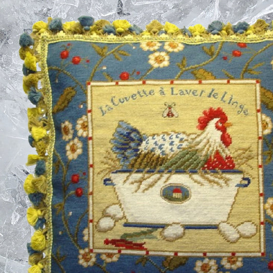 Handmade Wool Needlepoint Pillow Cover - Decorative Throw Cushion Cover - Vintage Floral Embroidery Design Sudi McCollums designLa Cuvette a Laver le Linge with  bee and 3 color tassel