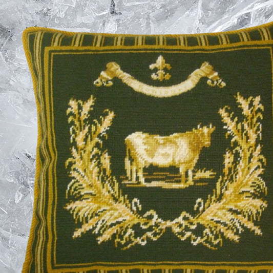 Handmade Wool Needlepoint Pillow Cover - Decorative Throw Cushion Cover - Vintage Floral Embroidery Design Gayle Bighouse design french County Cow, green
