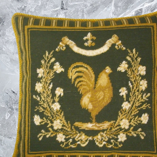 Handmade Wool Needlepoint Pillow Cover - Decorative Throw Cushion Cover - Vintage Floral Embroidery Design Gayle Bighouses design french country rooster green