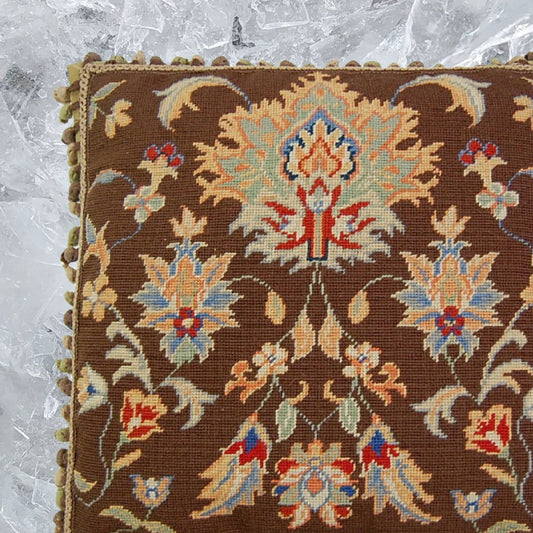 Handmade Wool Needlepoint Pillow Cover - Decorative Throw Cushion Cover - Vintage Floral Embroidery Design dark brown background William Morris style with tassels
