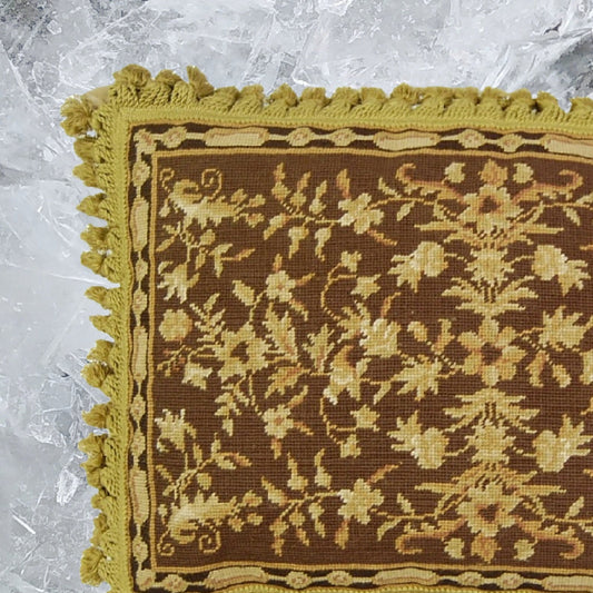 Handmade Wool Needlepoint Pillow Cover - Decorative Throw Cushion Cover - Vintage Floral Embroidery Design milk brown-gold small leaves with cold tassels