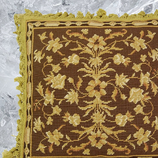 Handmade Wool Needlepoint Pillow Cover - Decorative Throw Cushion Cover - Vintage Floral Embroidery Design milk brown-gold samll leaves with tassels