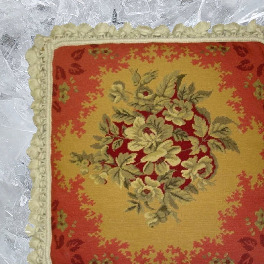 Handmade Wool Needlepoint Pillow Cover - Decorative Throw Cushion Cover - Vintage Floral Embroidery Design All  central floral red frame with nature tassels