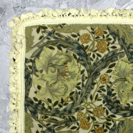 Handmade Wool Needlepoint Pillow Cover - Decorative Throw Cushion Cover - Vintage Floral Embroidery Design All  William Morris Old World leafs with white tassels