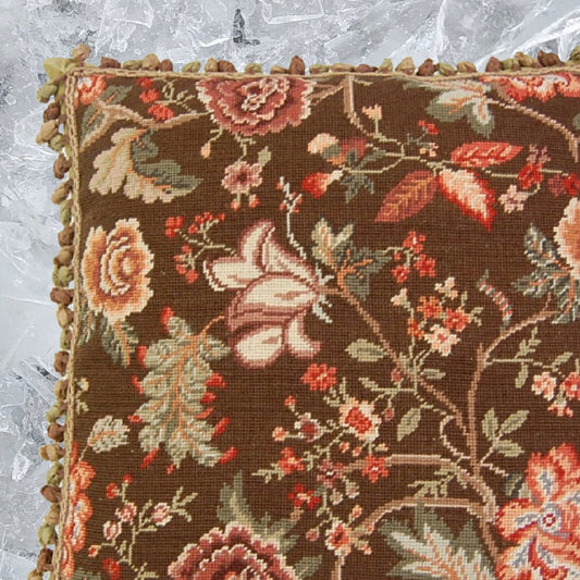 Handmade Wool Needlepoint Pillow Cover - Decorative Throw Cushion Cover - Vintage Floral Embroidery Design tropical floral with 3 color tassel