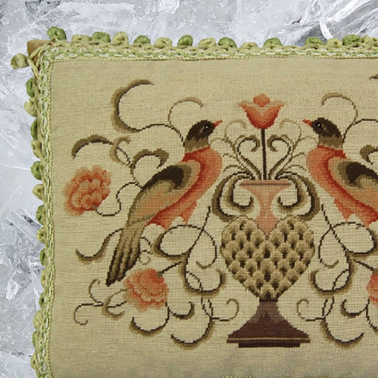 Handmade Wool Needlepoint Pillow Cover - Decorative Throw Cushion Cover - Vintage Floral Embroidery Design  2 birds with 2 color tassels