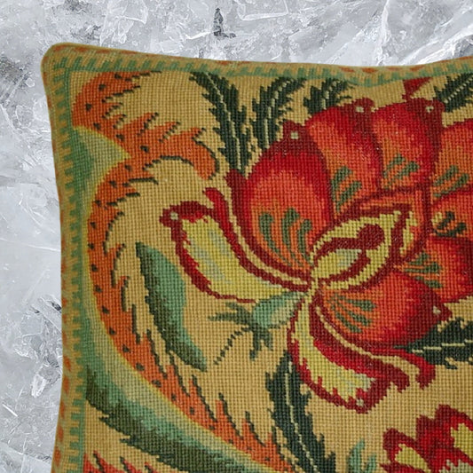 Handmade Wool Needlepoint Pillow Cover - Decorative Throw Cushion Cover - Vintage Floral Embroidery Design flower in shade of rich gold, red, green