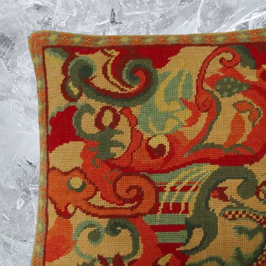 Handmade Wool Needlepoint Pillow Cover - Decorative Throw Cushion Cover - Vintage Floral Embroidery Design cloudy in shade of rich gold, red, green