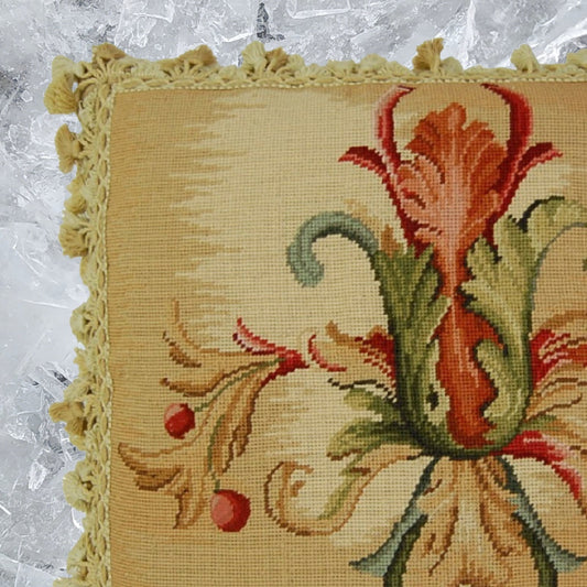 Handmade Wool Needlepoint Pillow Cover - Decorative Throw Cushion Cover - Vintage Floral Embroidery Design  Wheat blooming single with tassels