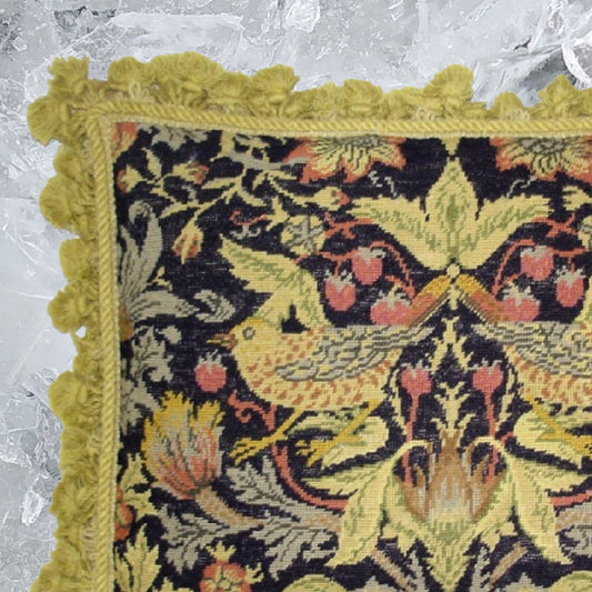 Handmade Wool Needlepoint Pillow Cover - Decorative Throw Cushion Cover - Vintage Floral Embroidery Design William Moris Design 2 yellow birds dark navy background gold tassels