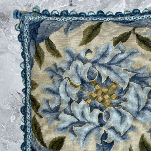 Handmade Wool Needlepoint Pillow Cover - Decorative Throw Cushion Cover - Vintage Floral Embroidery Design William Morris blue Chrysanthemum with 2 color blue tassels