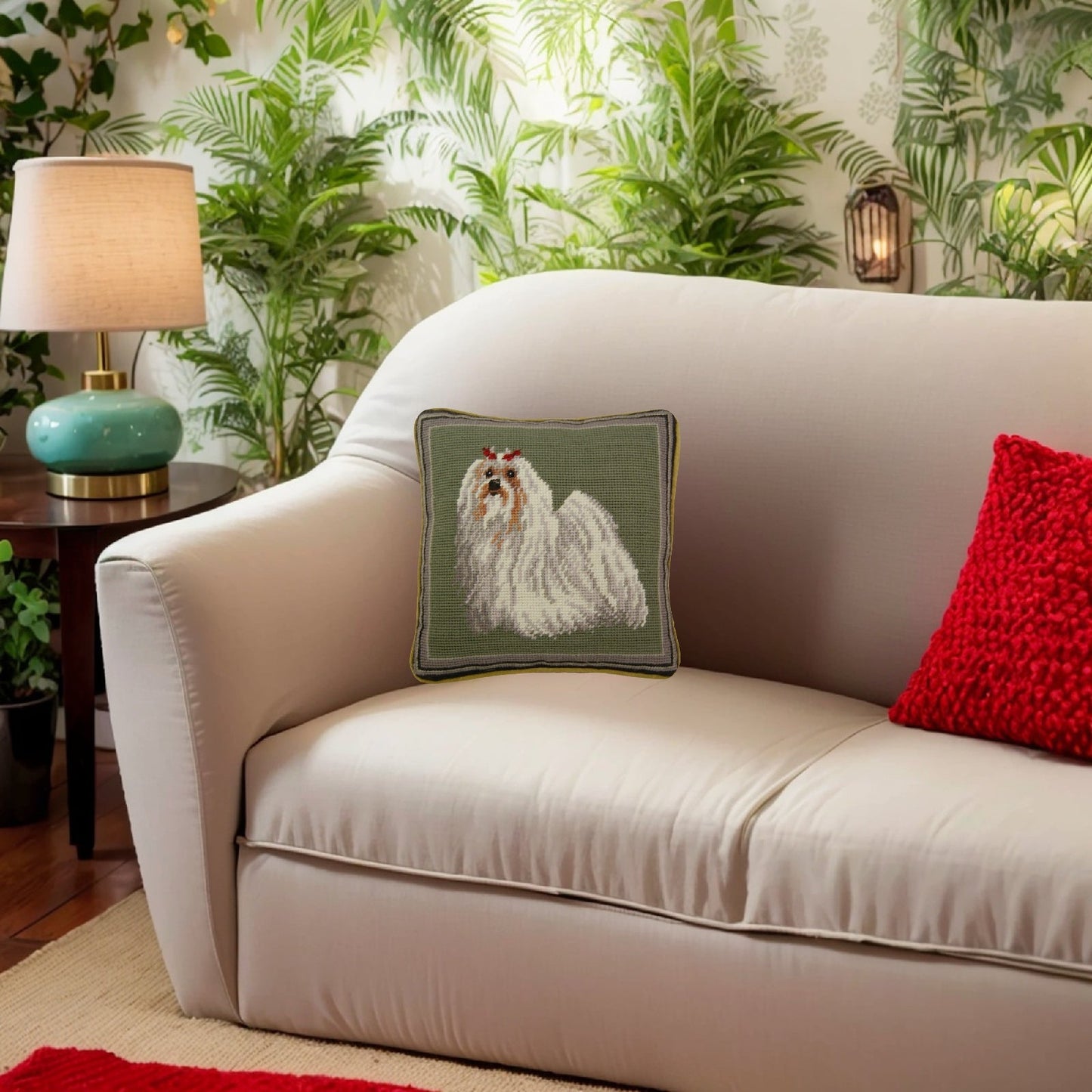 Handmade Wool Needlepoint Pillow Cover - Decorative Throw Cushion Cover - Vintage Floral Embroidery Design on Malteses eyes & nose rest grosspoint