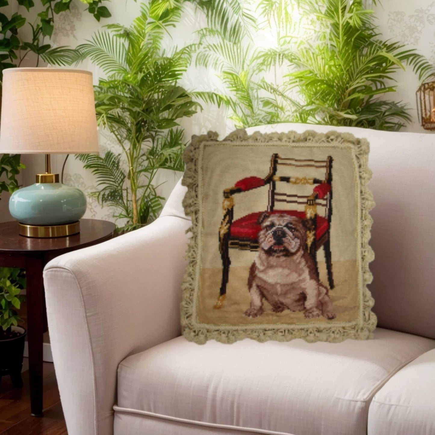 Handmade Wool Needlepoint Pillow Cover - Decorative Throw Cushion Cover - Vintage Floral Embroidery Design bull dog